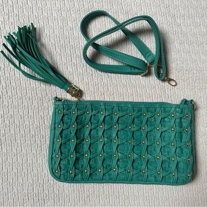 Teal, gold stud Big Buddah clutch w removable strap